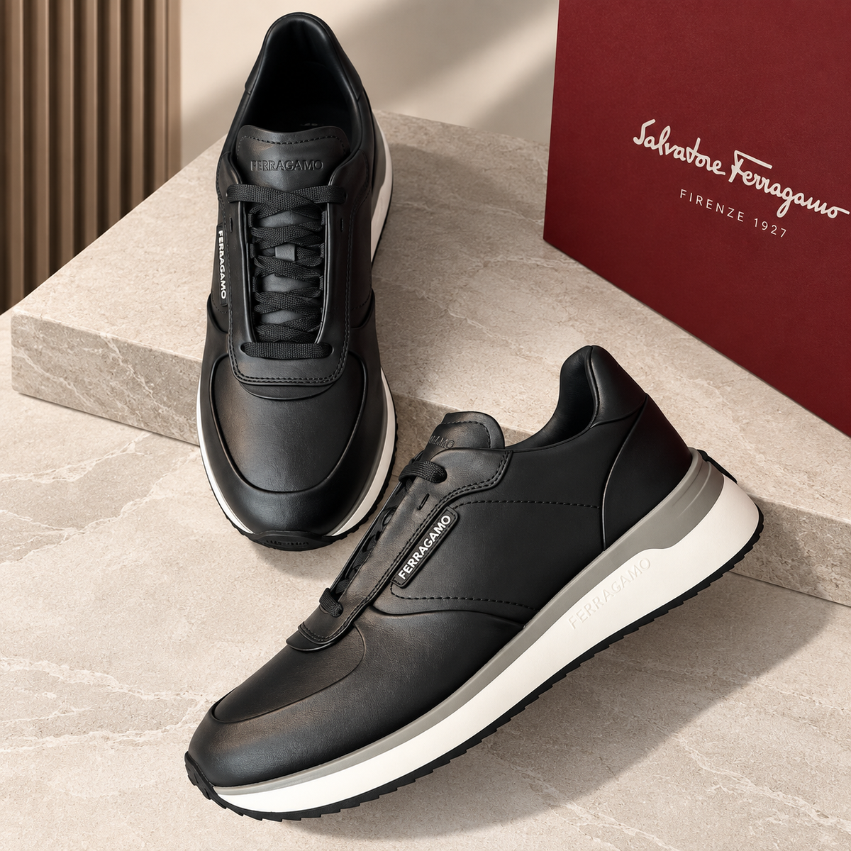 Sneakers noires à semelle blanche, style Ferragamo
