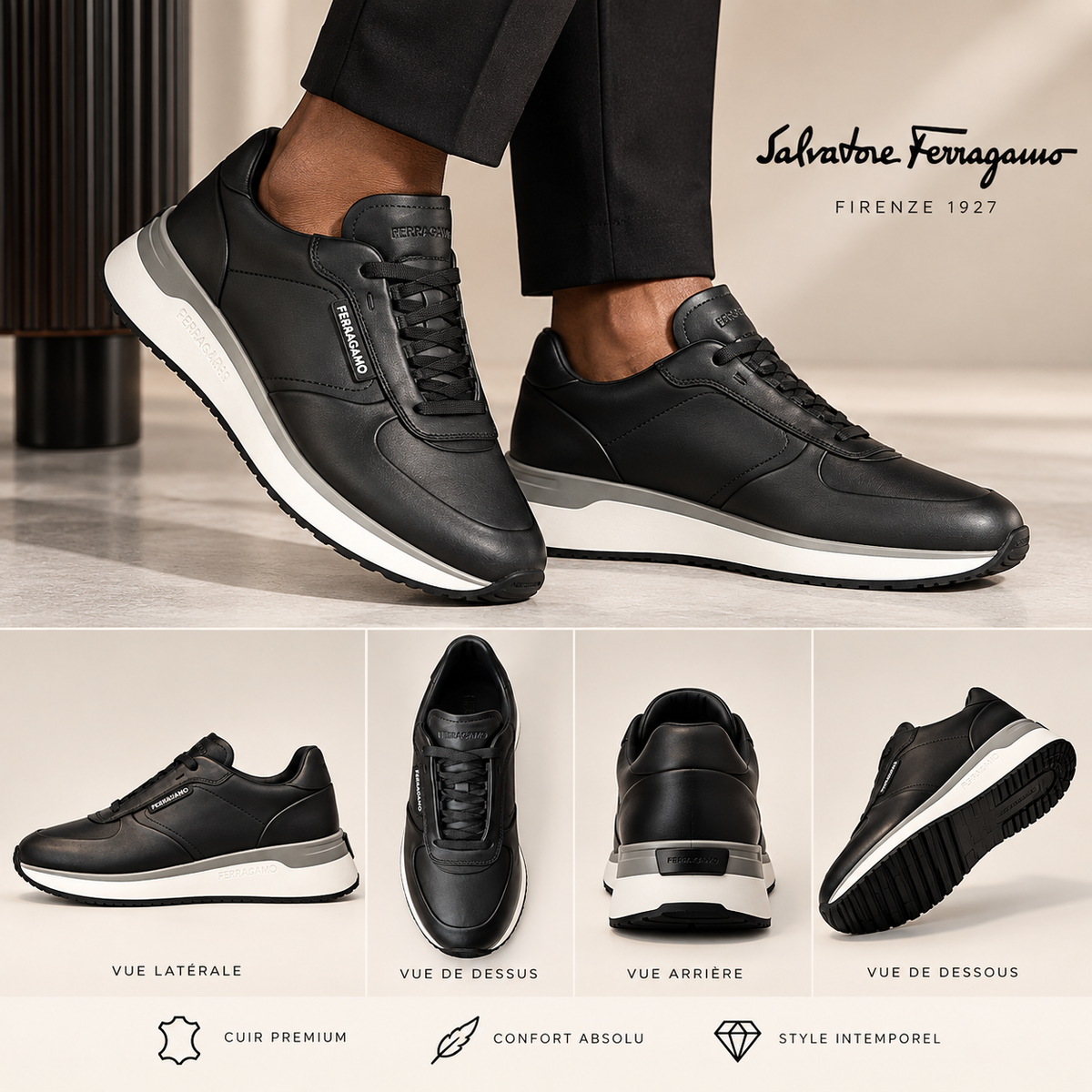 Sneakers noires à semelle blanche, style Ferragamo