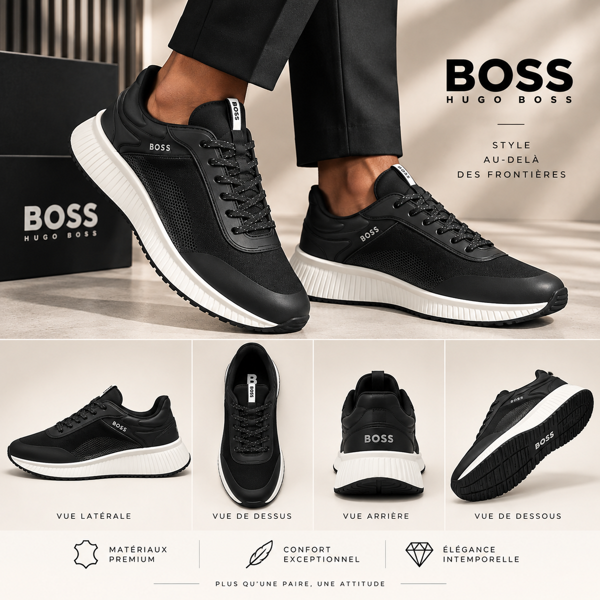 Sneakers Boss noires à semelle crantée blanche